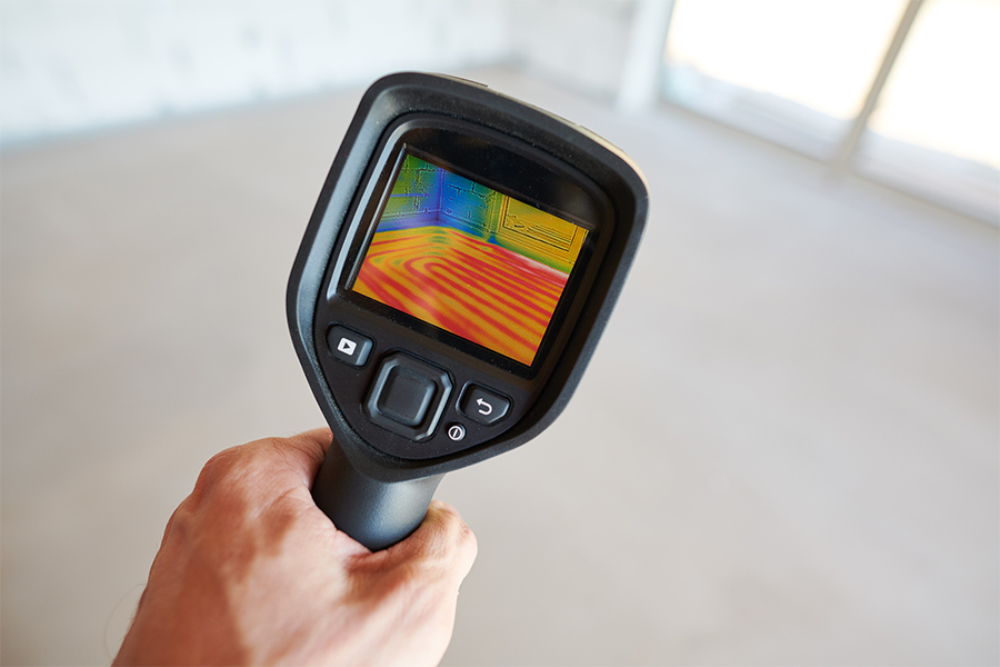 home inspector hand close up with infrared gun doing radon testing lake ozark mo